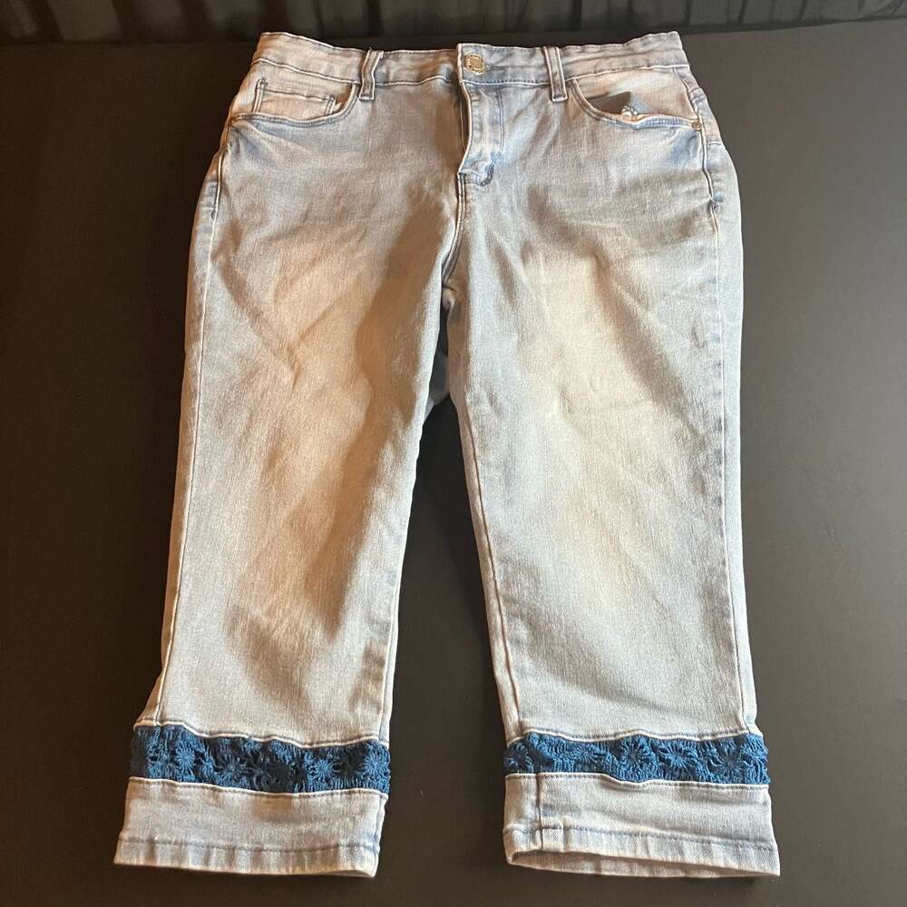 Revelation Denim Women's  Cropped Jeans with Blue Lace Crochet Hem Detail Size 8
